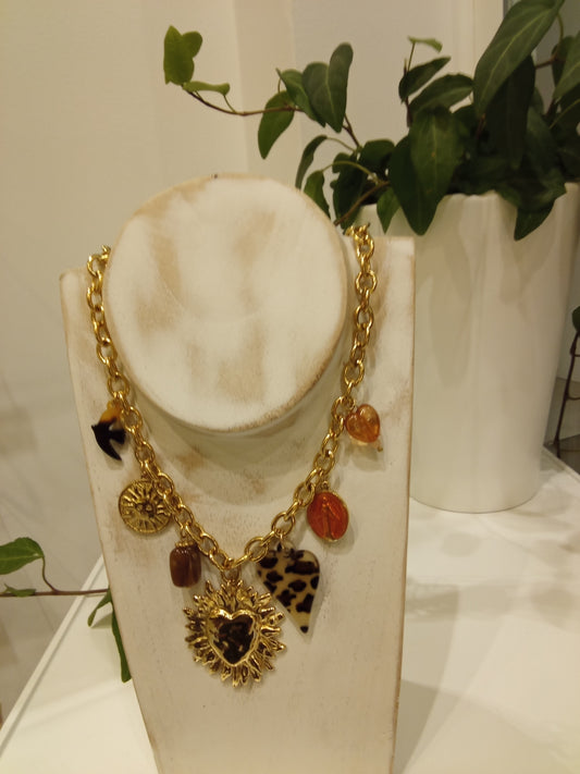 Necklace with heart sunburst, leopard print heart