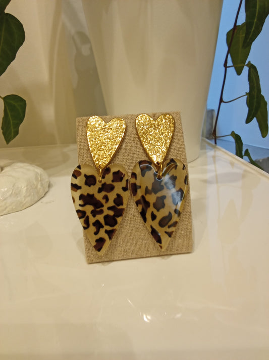 Gold heart and leopard print earrings