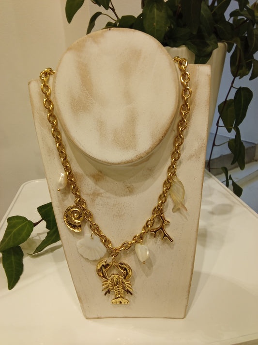 Necklace with lobster,fish,shell & pearls charm