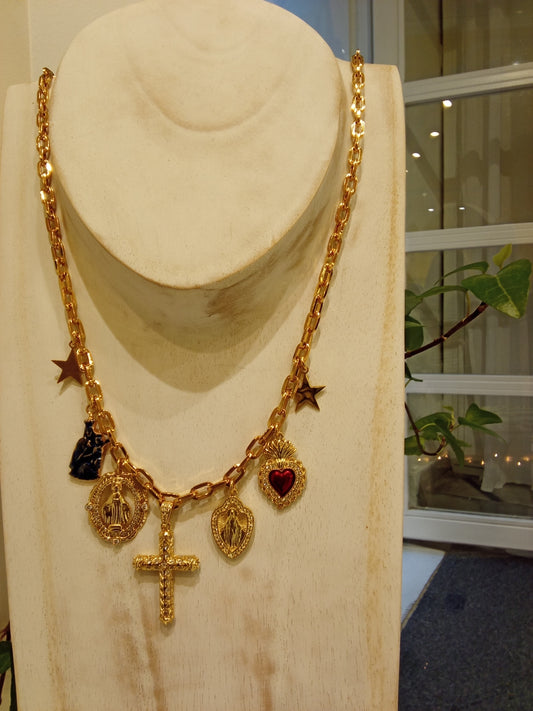 Necklace with cross, red heart and 2  star charms