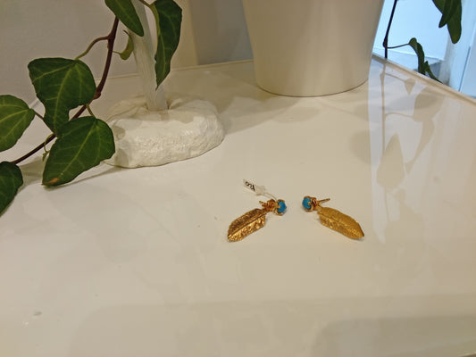 Leaf earrings with a turquoise stone