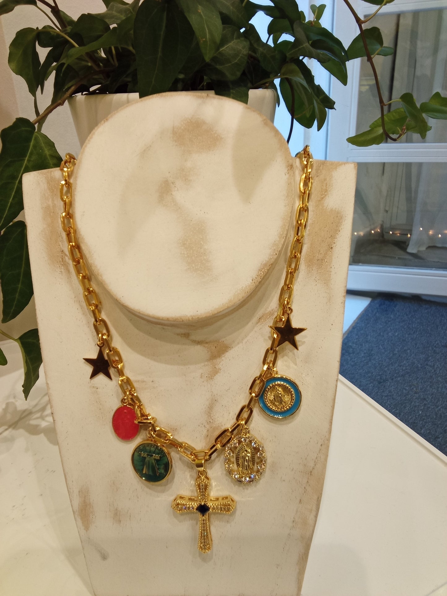 Necklace with cross, multi colored enamel with star