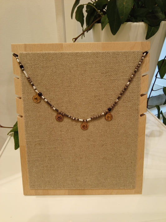 Handmade beaded necklace with coin charms